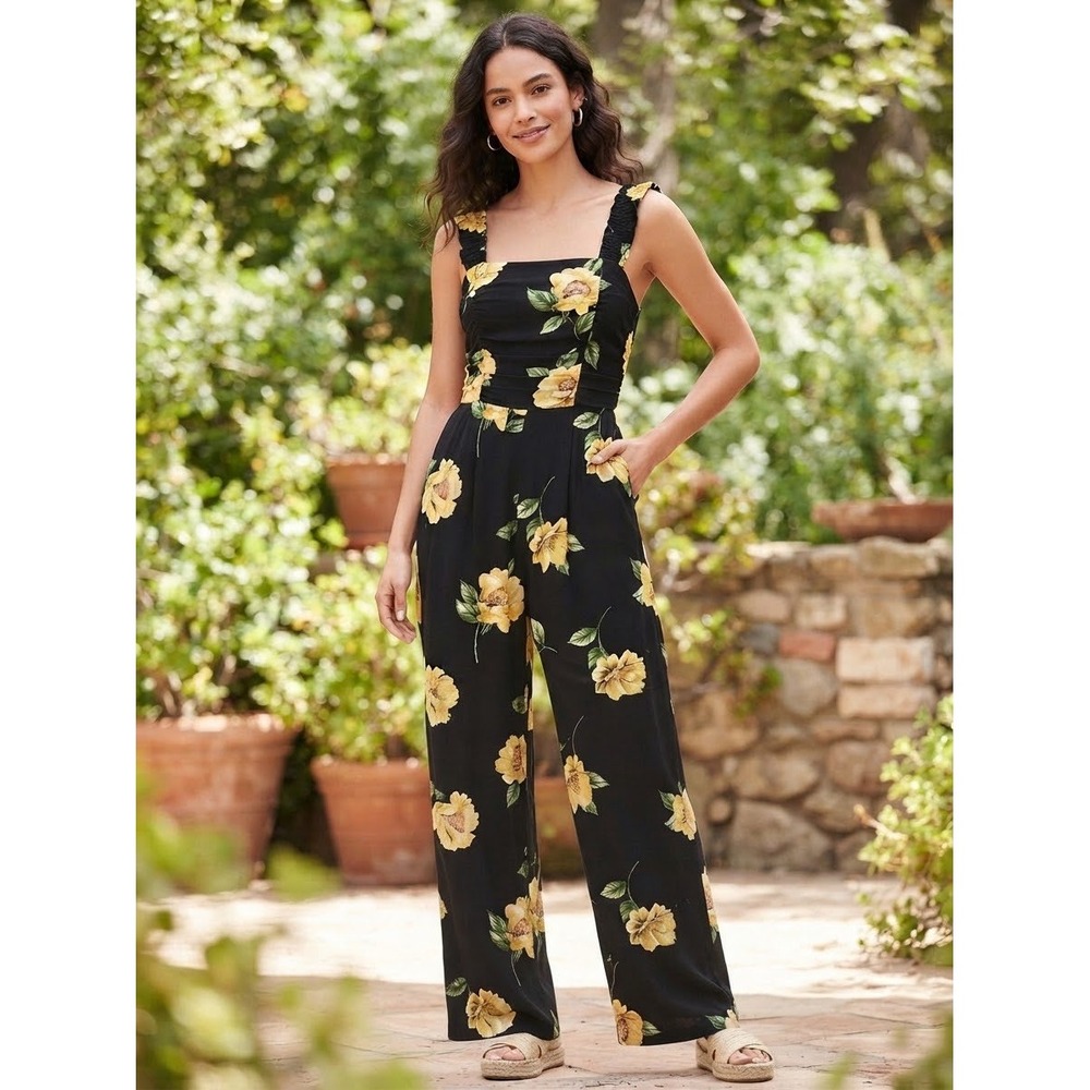 Nobodys Child Floral Jumpsuit Black Yellow Wide Leg Ruffle Strap USA 6 UK 10